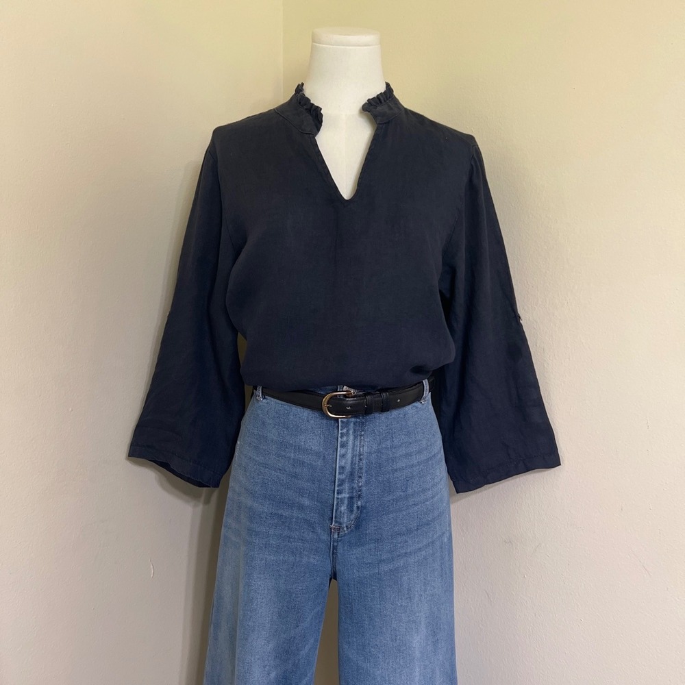 Rosemarine Italy 100% Linen Navy Blue Ruffle Neck Tunic Top Womens Medium